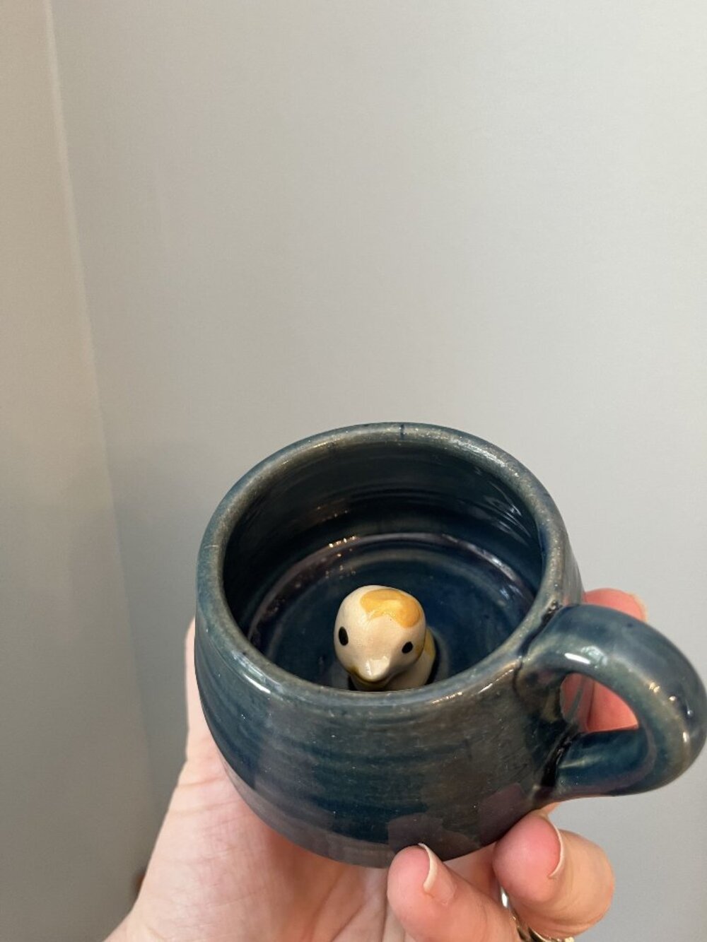 Vintage Child's Size Coffee Mug INEKE Handmade Pottery Surprise Mug with Ducklin